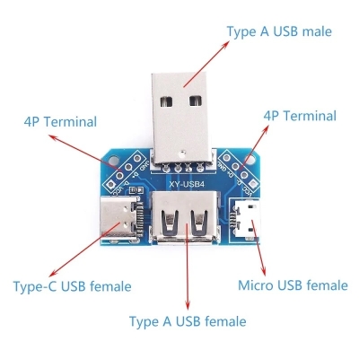 Picture of XY-USB4 USB Adapters Male To Female Micro Type-C 4P 2.54mm USB4 Module Converter 4 In 1 USB Adapters Board 5V USB Male To Female Distribution Board Head USB Male To Type C To Micro USB To 2.54mm 4P USB Converter Adapters