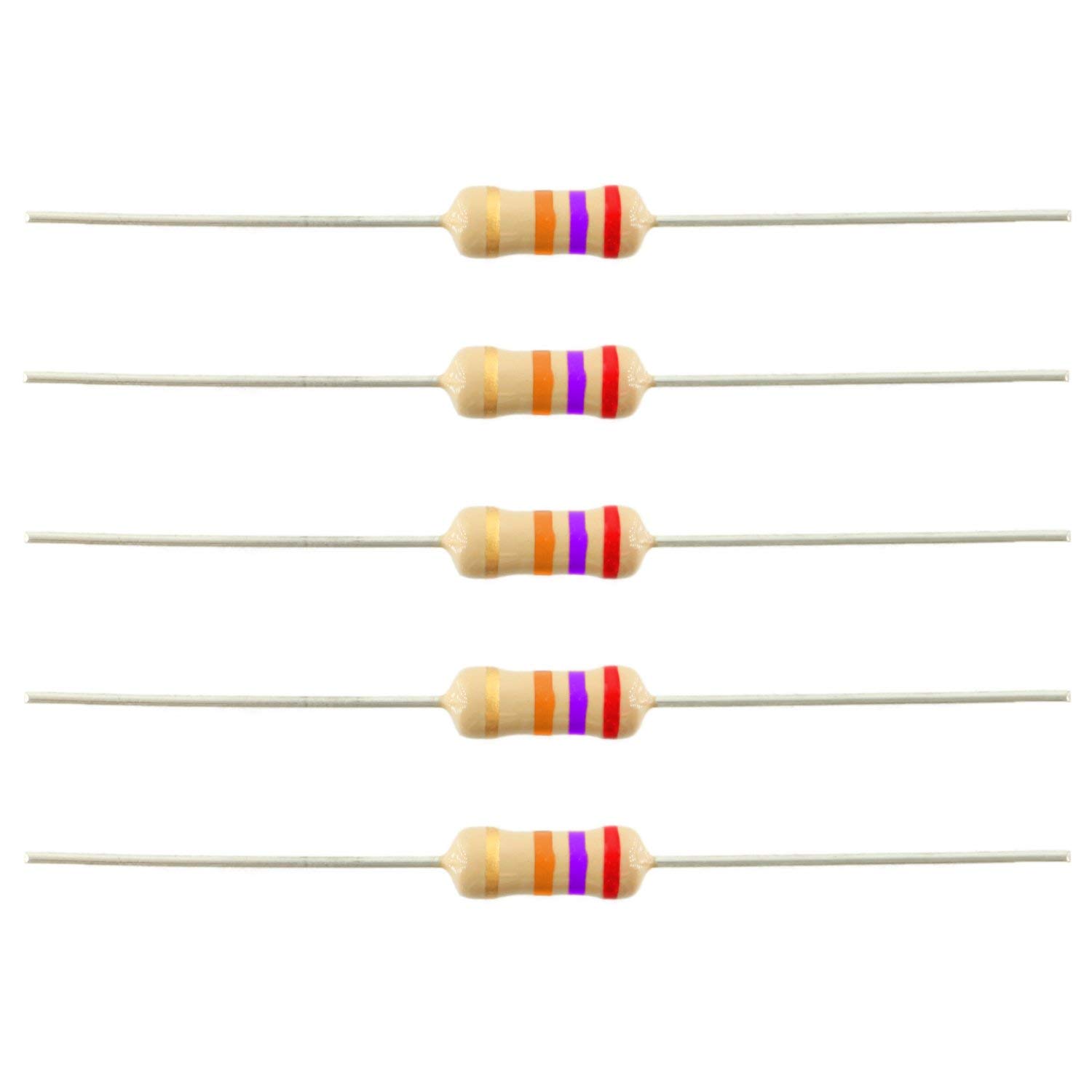 Picture of 50Pcs - 27 Ohm Resistor 5% 27 Ohm Carbon Film 27 Ohm Resistors 1/4W Resistance 0.25 Watt 5% Tolerance Fixed Resistors 2 Pin Leads 1/4W Resistor 27 Ohm