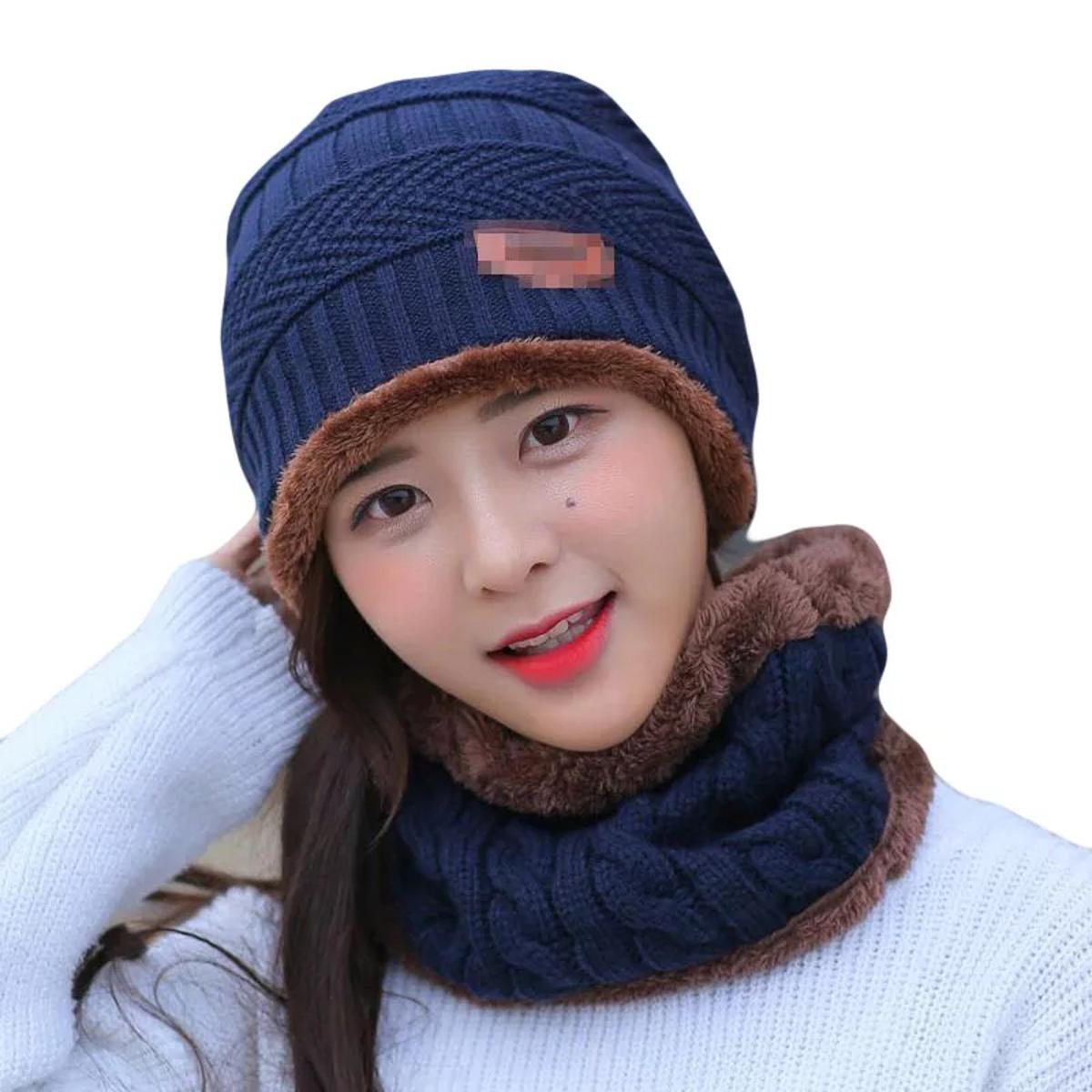 Picture of Neck warmer knitted hat scarf set fur Wool Lining Thick Warm Knit beanies balaclava Winter Hat For men women Cap Skullies bonnet - Deep Blue - Cap For Men