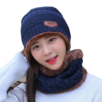 Picture of Neck warmer knitted hat scarf set fur Wool Lining Thick Warm Knit beanies balaclava Winter Hat For men women Cap Skullies bonnet - Deep Blue - Cap For Men