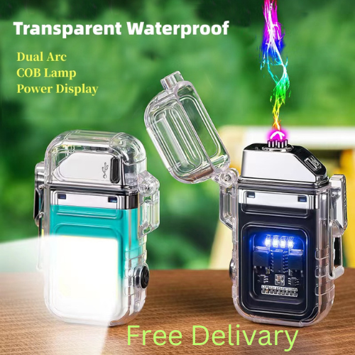 Picture of badgeDual arc windproof waterproof rechargeable usb electric lighter with flashlight transparent