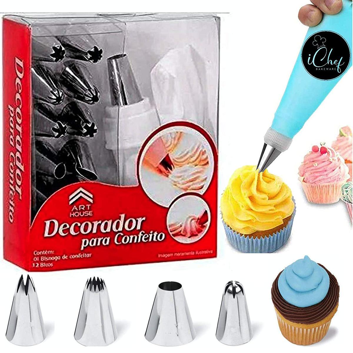Picture of 12 Piece Cake Decorating Set Frosting Icing Piping Bag Tips with Steel Nozzles. Reusable & Washable