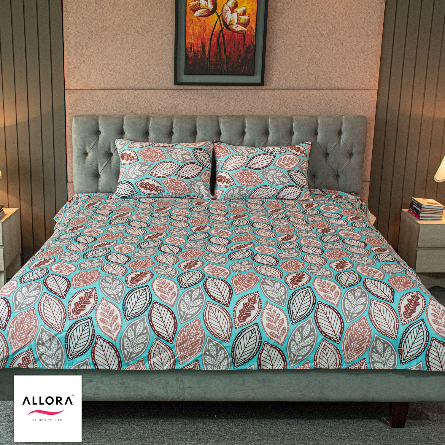 Fallen Leaves Print Allora Bed Sheet – Pastel Blue ALLORA BDonline shop bangladeshothoba.com