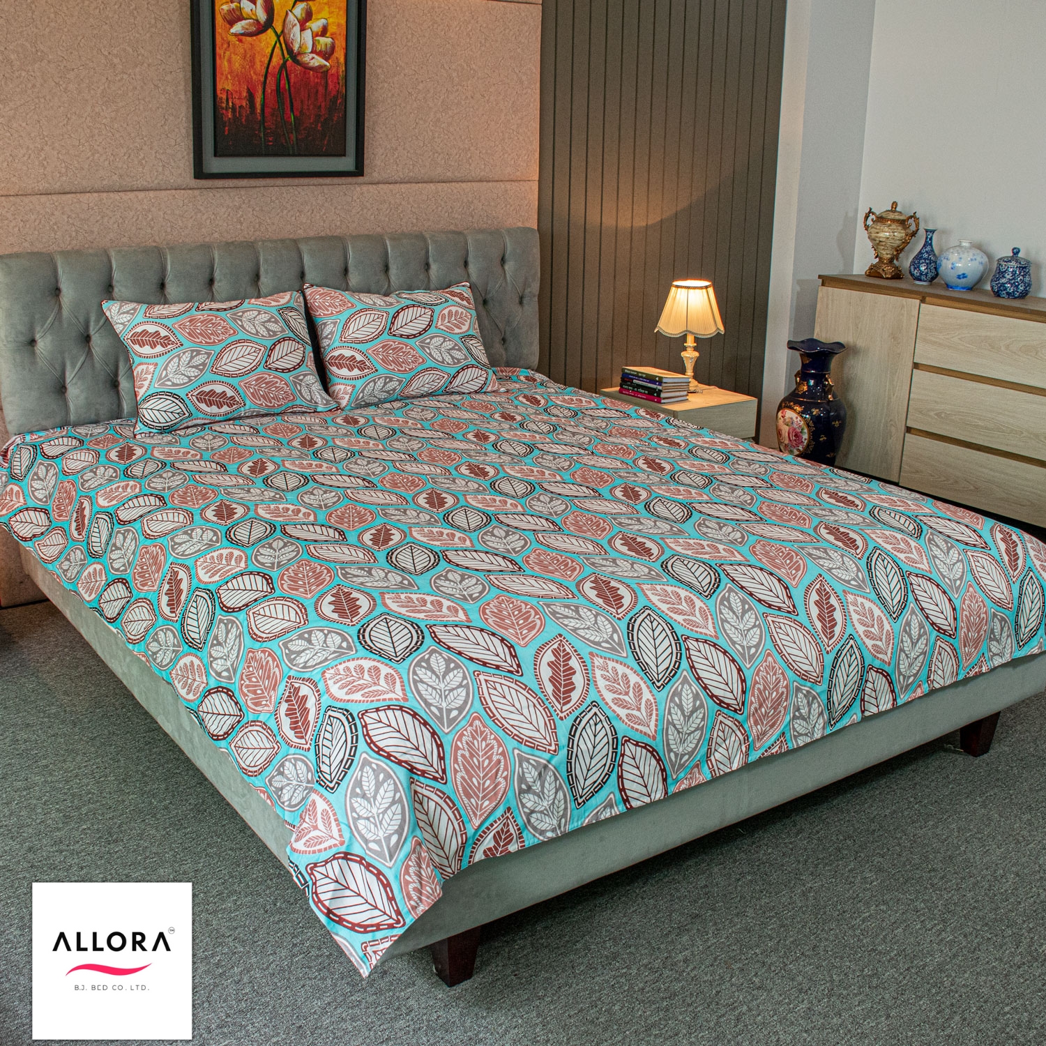 Fallen Leaves Print Allora Bed Sheet – Pastel Blue ALLORA BDonline shop bangladeshothoba.com
