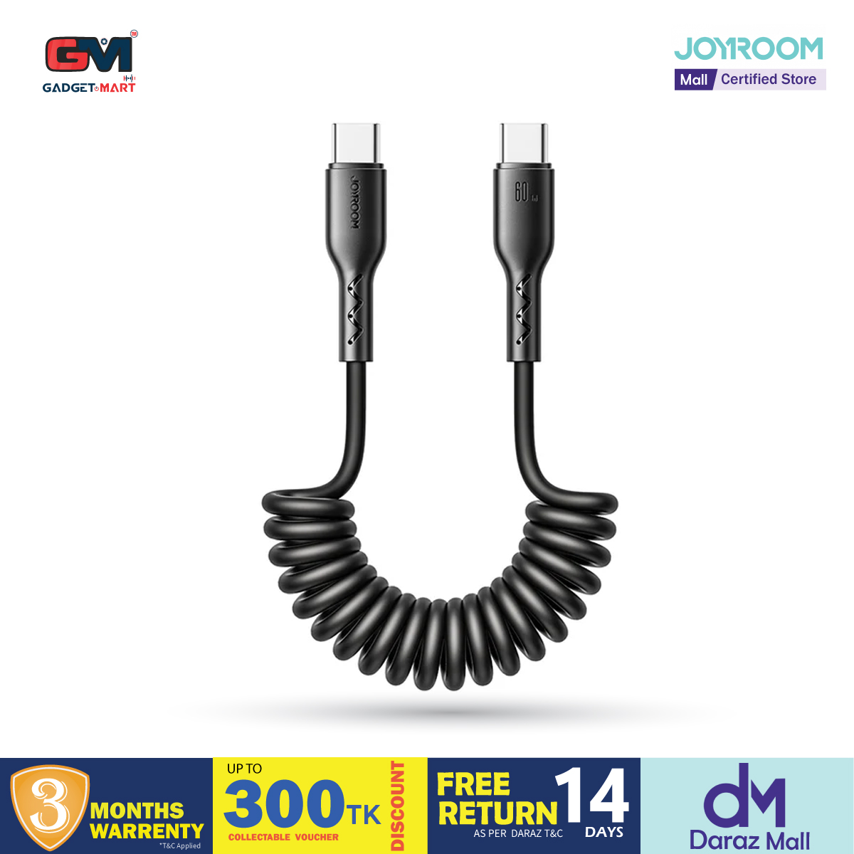 Picture of Joyroom (SA38-CC3) Easy-Travel Series 60W Coiled Fast Charging Data Cable for Car (Type-C to Type-C) 1.5m-Black