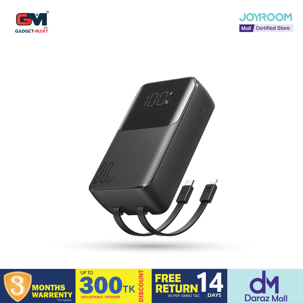 Picture of Joyroom JR-PBC07 20000mAh 30W Mini Power Bank with Dual Cables - Black