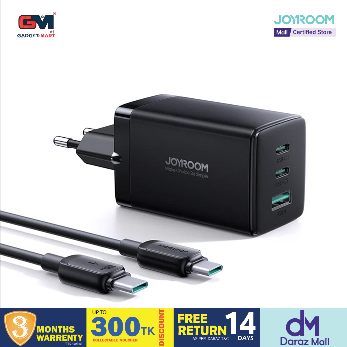 Picture of Joyroom TCG01 GaN Ultra  65W 2C1A Fast Charger With 100W Type-C to Type-C Cable 1.2m - Black