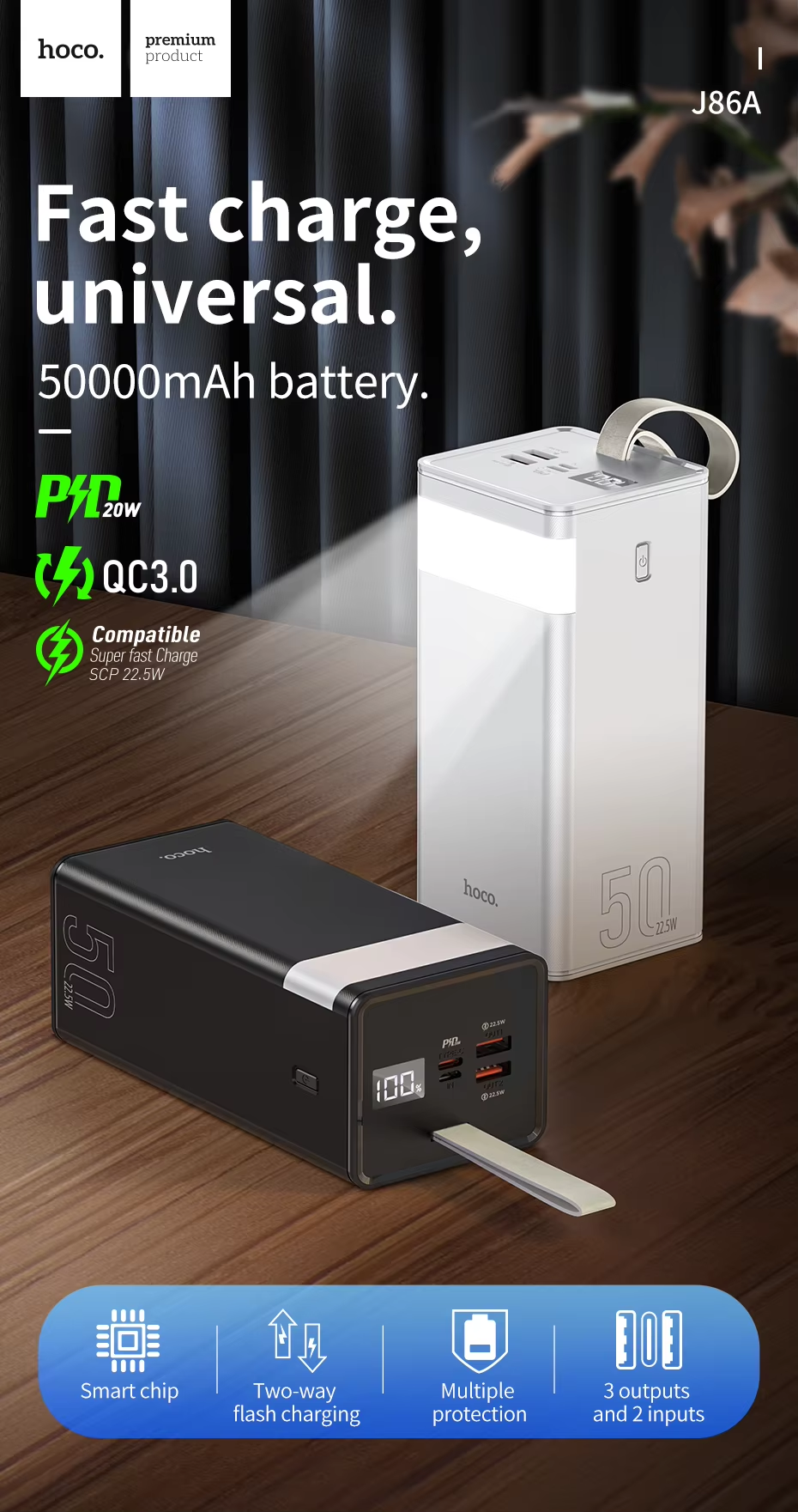 Picture of HOCO J86A 50000mAh Portable Cell Phone Battery 22.5W Fast Charging Power Bank