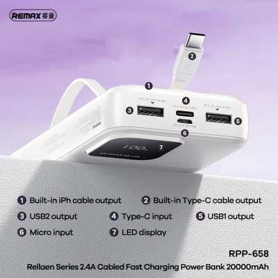 Picture of Remax Rpp-657 Fast Charging Mini Cheap Power Bank Portable With Data Cable Ultra Thin Small 10000mAh Powerbank