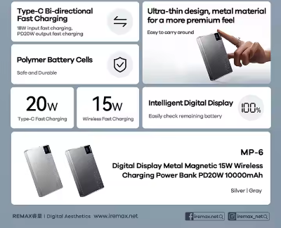 Picture of REMAX MP-6 10000mAh Fast Charging Magnetic 15W Wireless Charging Power Bank Ultra-Thin Digital Display Portable Power Banks
