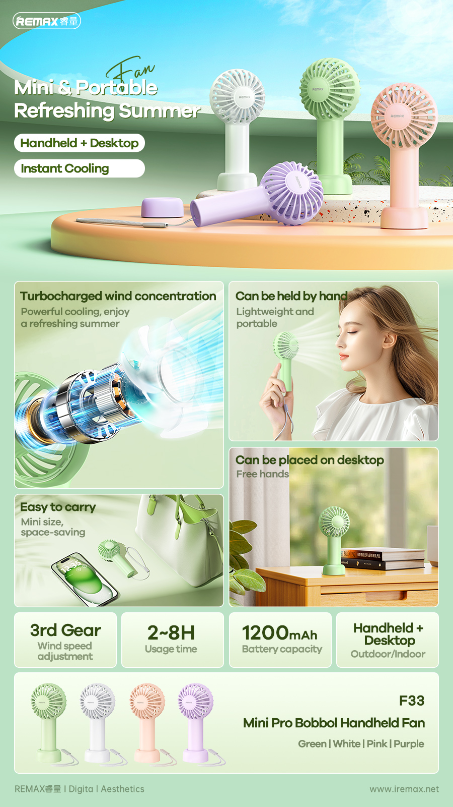 Picture of Remax F33 Mini Pro 1200mAh Rechargable Bobbol Handheld Fan