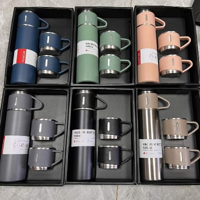 Picture of Vacuum Flask Gift Set -Vacuum Flask Set with 3 Cups/ Stainless Steel Vacuum Flask Set/ Coffee Mug/ Tea Mug/ Travel Mug with 3 cups