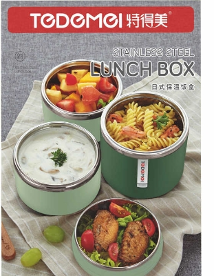 Picture of Tedemei 2 layers portable 1.13L BPA free leakproof round stainless steel bowl student kid bento lunch box food container, Tiffin Box || school lunch box, kids lunch box, thermos lunch box, hot lunch box