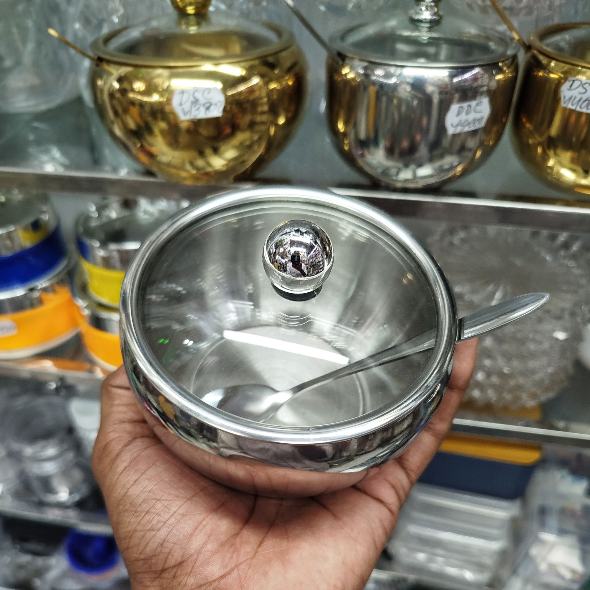 Picture of Stainless Steel Spice Jar Set with Glass Cover Spoon Organize Your Salt, Pepper, Sugar, and Spices in Stylistic Kitchen Storage, Salt Pot