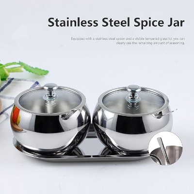 Picture of Stainless Steel Spice Jar Set with Glass Cover Spoon Organize Your Salt, Pepper, Sugar, and Spices in Stylistic Kitchen Storage, Salt Pot
