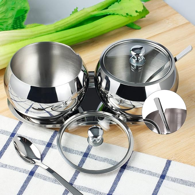 Picture of Stainless Steel Spice Jar Set with Glass Cover Spoon Organize Your Salt, Pepper, Sugar, and Spices in Stylistic Kitchen Storage, Salt Pot