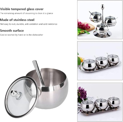 Picture of Stainless Steel Spice Jar Set with Glass Cover Spoon Organize Your Salt, Pepper, Sugar, and Spices in Stylistic Kitchen Storage, Salt pot