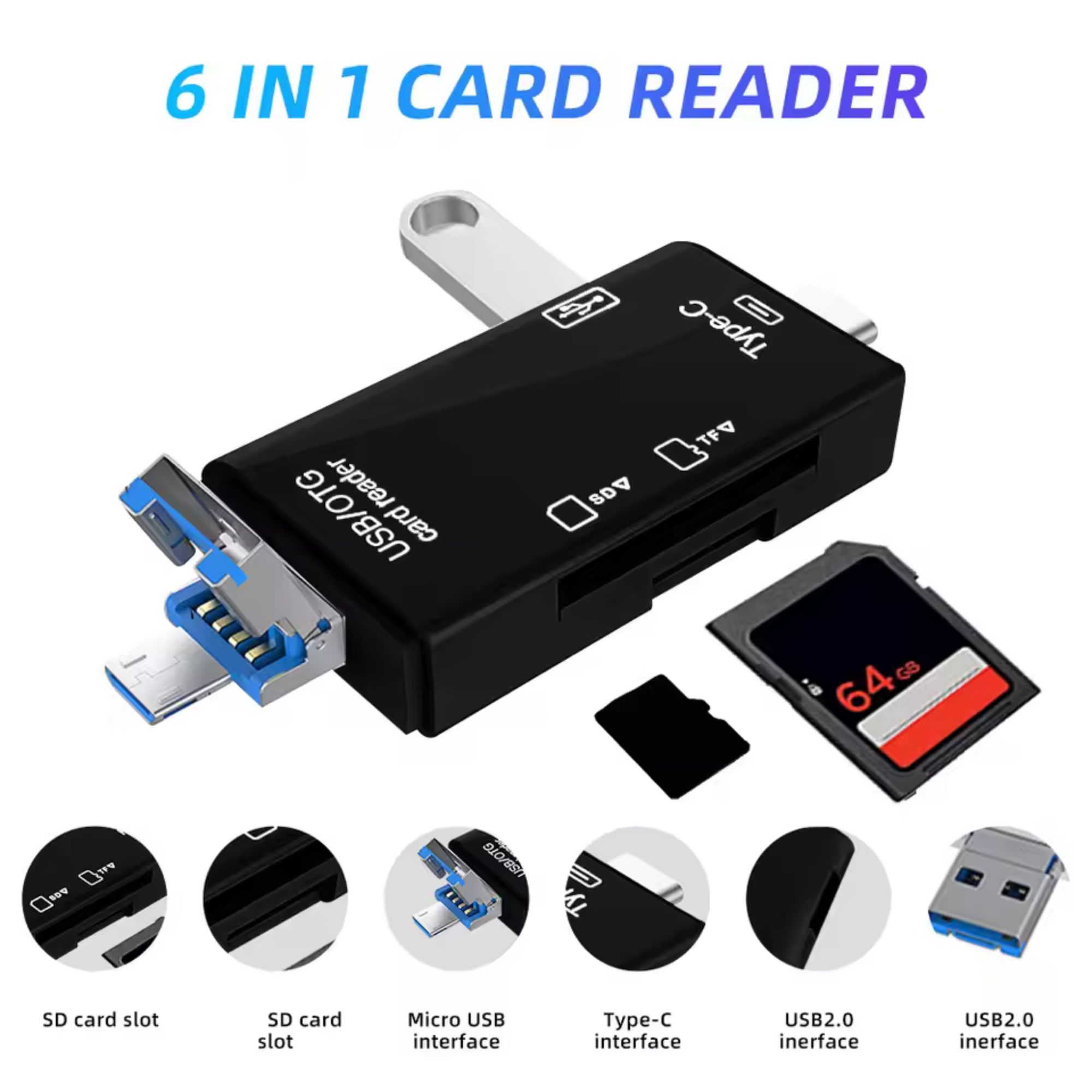 Picture of 6 in 1 Card Reader | OTG Type C SD TF Card Reader 6 in 1 USB 3.0 Micro USB Flash Drive Adapter 5Gbps High Speed Transfer
