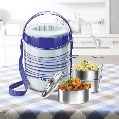 Picture of Milton Econo-3 Tiffin Box - Insulated, Hot & Cold Leak-Proof Lunch Box for Office, College, Picnic, Blue