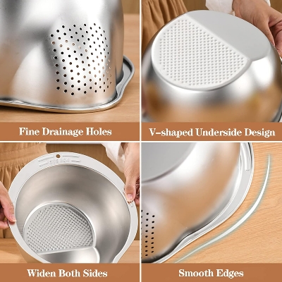 Picture of Stainless Steel Rice Washing Bowl / Colander – 304 Stainless Steel Rice Sharpener Bowl