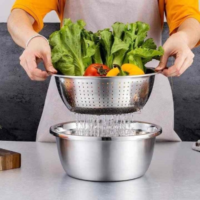 Picture of Kitchen Utensils 3-Piece Stainless Steel Multi-Functional Basin Set Includes Grater Bowl Vegetable Prep Strainer Mixing Bowl, Vegetable Cutter