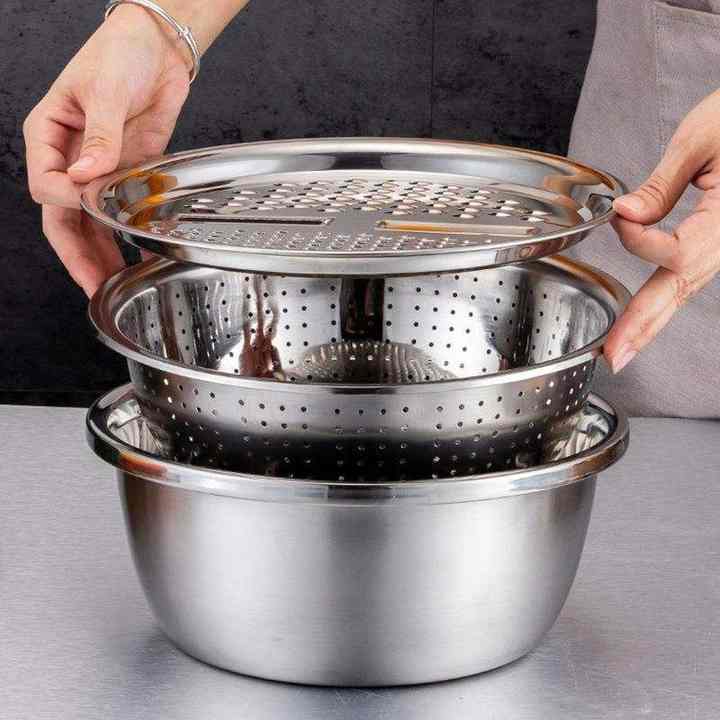 Picture of Kitchen Utensils 3-Piece Stainless Steel Multi-Functional Basin Set Includes Grater Bowl Vegetable Prep Strainer Mixing Bowl, Vegetable Cutter