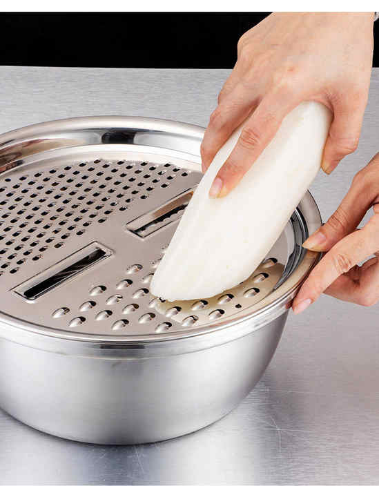 Picture of Kitchen Utensils 3-Piece Stainless Steel Multi-Functional Basin Set Includes Grater Bowl Vegetable Prep Strainer Mixing Bowl, Vegetable Cutter