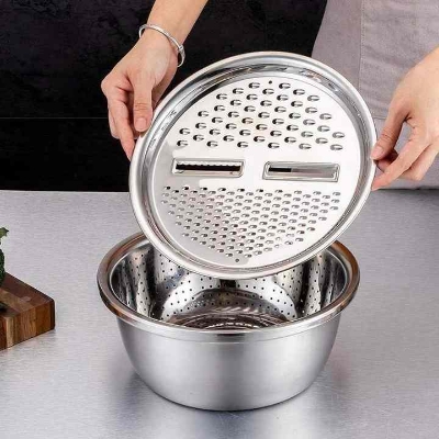 Picture of Kitchen Utensils 3-Piece Stainless Steel Multi-Functional Basin Set Includes Grater Bowl Vegetable Prep Strainer Mixing Bowl, Vegetable Cutter