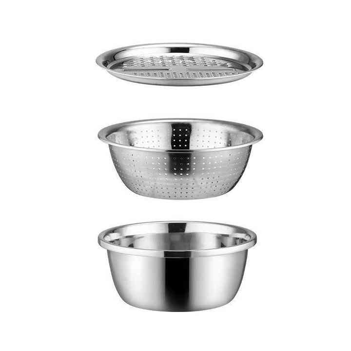 Picture of Kitchen Utensils 3-Piece Stainless Steel Multi-Functional Basin Set Includes Grater Bowl Vegetable Prep Strainer Mixing Bowl, Vegetable Cutter