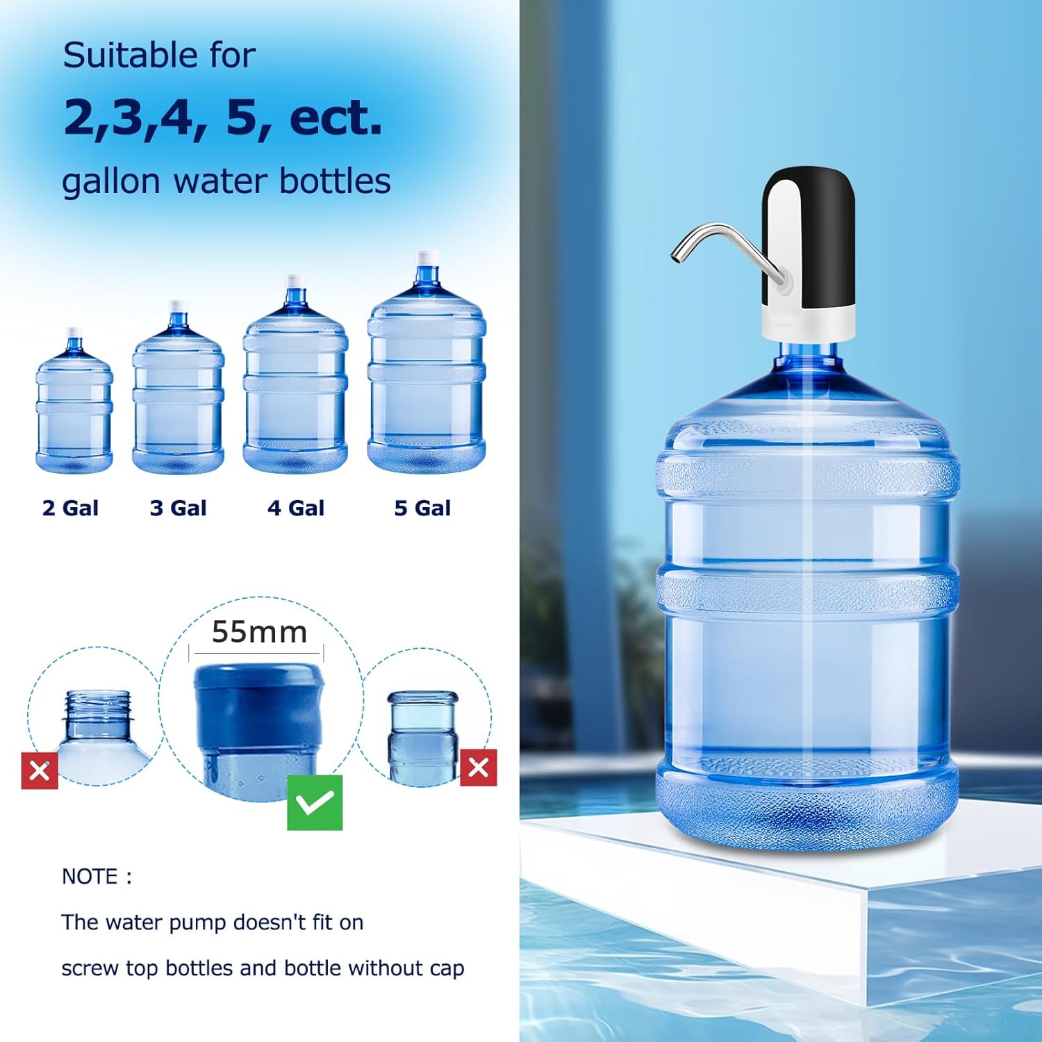 Picture of Automatic Drinking Water Pumper - Electric Rechargeable Drinking Water Bottle Pump for 2-5 Gallon Jugs USB Charging Portable Water Dispenser Pump, Water Bottle Tap dispenser for Home, Office, Outdoor Activities