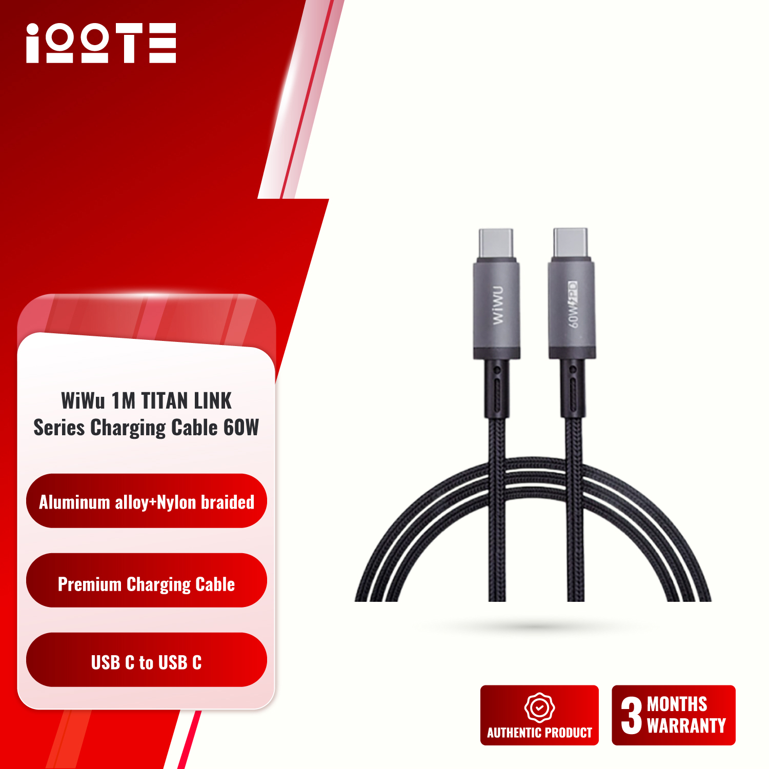 WiWU 1M Aluminum alloy Nylon braided TITAN LINK Series Charging Cable with 60W USB-C to C #Wi-C057  iOOTEonline shop bangladeshothoba.com