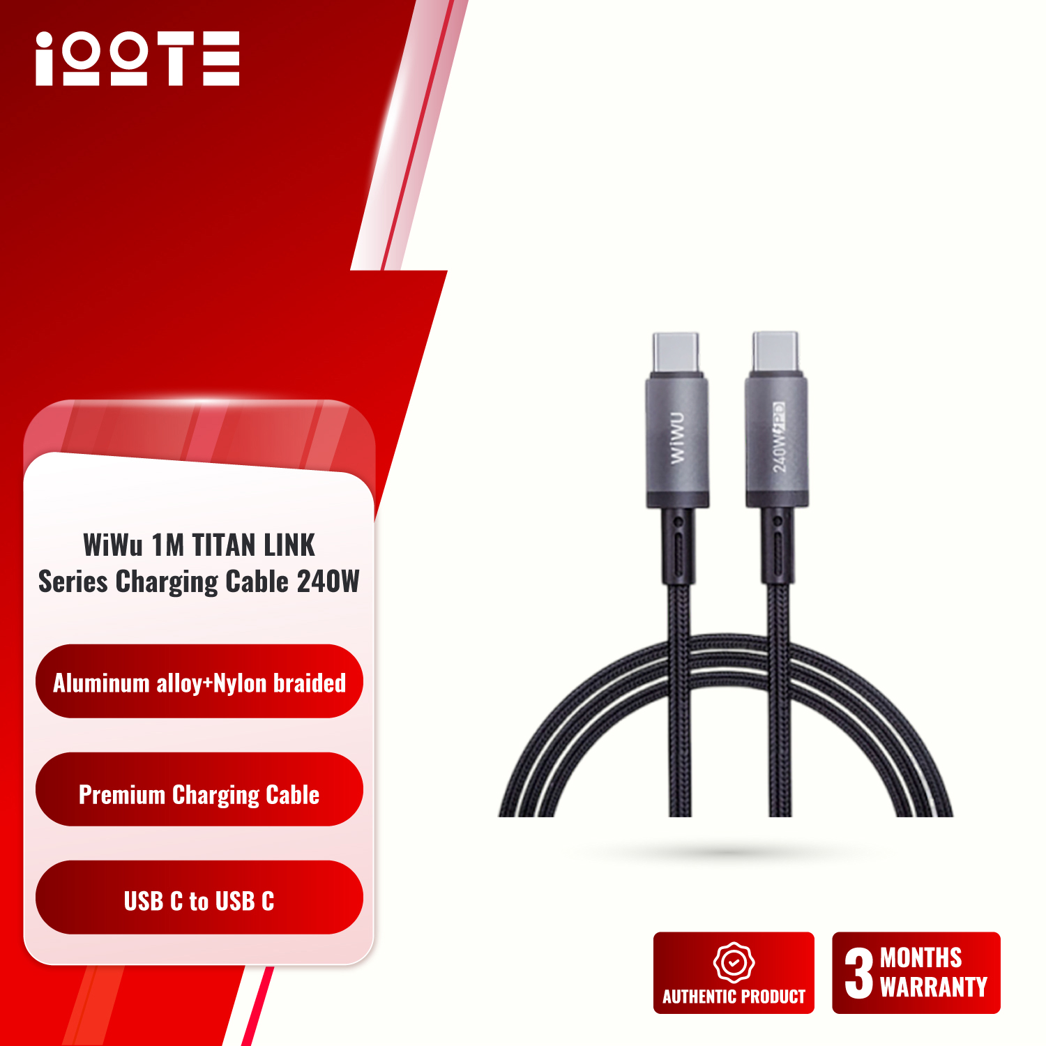 WiWU 1M Aluminum alloy Nylon braided TITAN LINK Series Charging Cable with 240W USB-C to C #Wi-C058  iOOTEonline shop bangladeshothoba.com