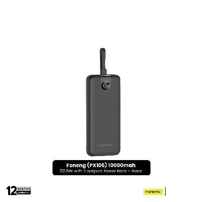 Picture of Foneng (PX106) 10000mah 22.5w Fast Charging Portable Power Bank with Built-In 3 Cables- Black