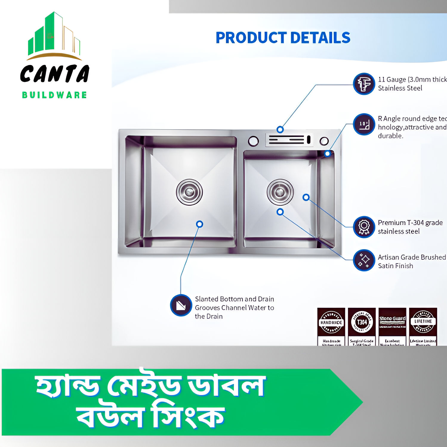 Picture of Hand Made Kitchen Sink Teka brand (Double Bowl 18x30-32")