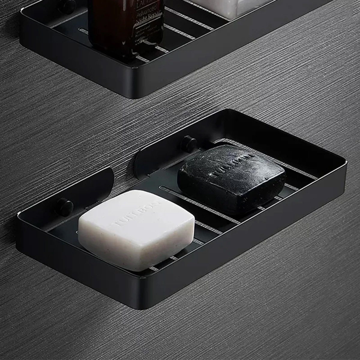 Picture of Bathroom Soap case big size adjustable two soap together Staineless steel SUS304 wall mounted Self Adhesive Drain Soap Sponge rack BLACK