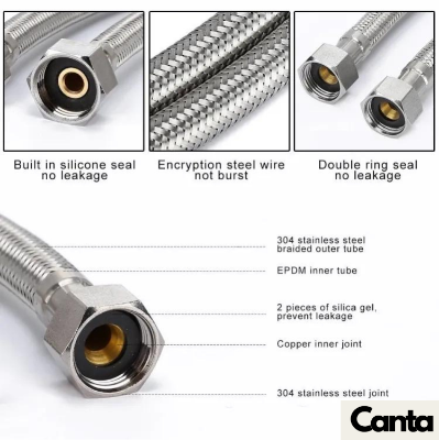 Picture of Geyser Pipe, Hose pipe QuickFlex Water Heater Connector, Water Heater Connector, Push-To-Connect, Copper, PEX, CPVC Corrugated SS Hose,24-inch, 304 Grade Stainless Steel Connection Pipe, (2 Pec. Set)