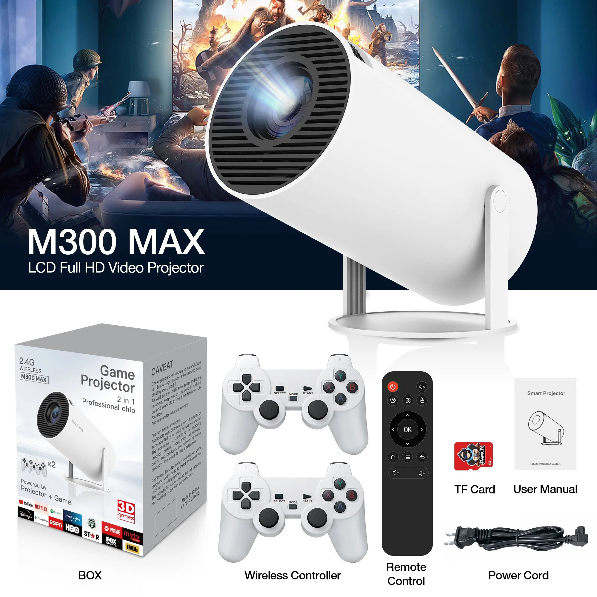 Picture of M300 Max Game Projector, 2.4g Wireless M300 Max Game, 20,000+ Retro Games, Smart HD Projector with WiFi and Bluetooth, 4K Mini Game Video Projector