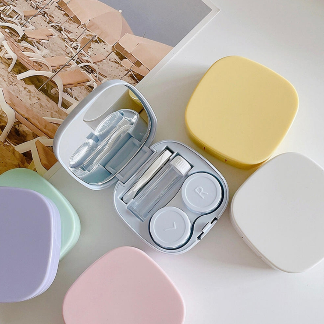 Picture of New Big Size 1pair Round Square Shape Contact Lenses Storage with Mirror, Applicator,Tweezer and solution Bottle for tour,travel and Outdoor new design and othentic quality Travel Kit Of all type Of Contact lens #solidkitbox