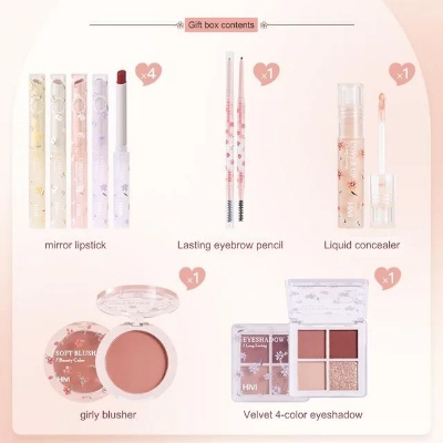 Picture of Flower Beauty Makeup Set Gift Box Hivi Velvet Lip Glaze Lipstick Eyeshadow Holiday Gift For Girlfriend & Wife 8pcs Make-up Set