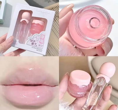 Picture of LEE INTO Strawberry Lightweight Lips Set Clear Glass Moisturizing Lip Balm Transparent Lip Oil Hydrating Jelly Day & Night Lip Mask Settle