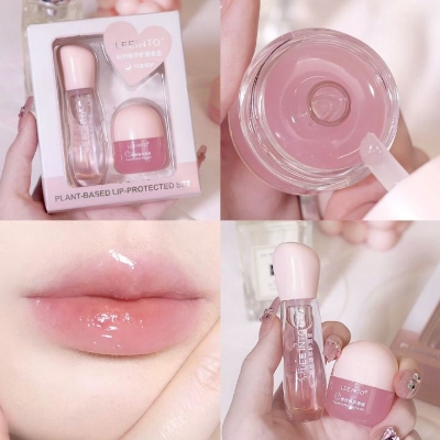 Picture of LEE INTO Strawberry Lightweight Lips Set Clear Glass Moisturizing Lip Balm Transparent Lip Oil Hydrating Jelly Day & Night Lip Mask Settle