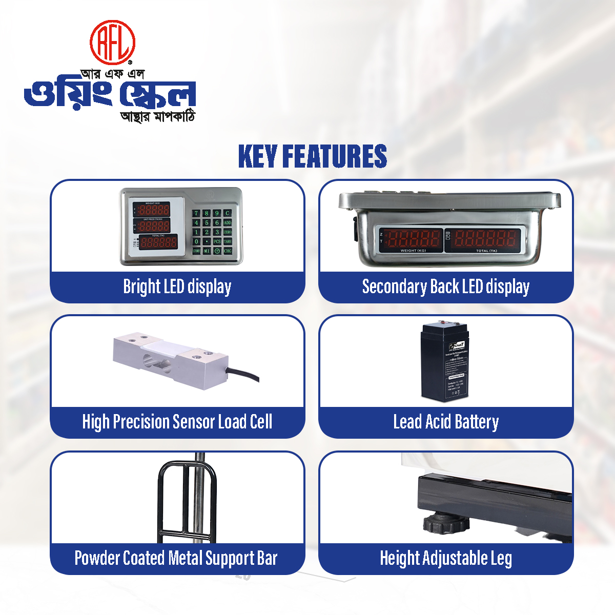 Picture of RFL Weighing Scale P(Metal) SS Delux 100Kg with Piece Counting, Clock and Date Setting, Battery level (Low, Medium, High) indicator