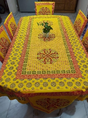 Picture of Screen Print Cotton Febric Dining Table Cloth and 6 Chair Cover Set