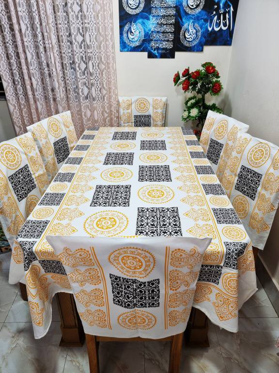 Picture of Screen Print Cotton Febric Dining Table Cloth and 6 Chair Cover Set