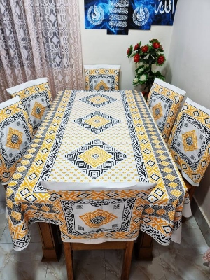 Picture of Screen Print Cotton Febric Dining Table Cloth and 6 Chair Cover Set