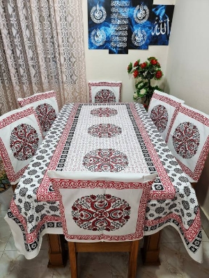 Picture of Screen Print Cotton Febric Dining Table Cloth and 6 Chair Cover Set