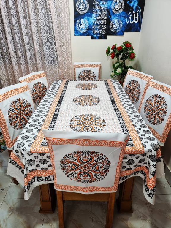 Picture of Screen Print Cotton Febric Dining Table Cloth and 6 Chair Cover Set