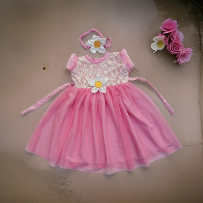 Picture of New Baby Girls Fashionable Premium Quality Beautiful Party Dress With HAIR BAND One Piece Baby Dress for 1-7