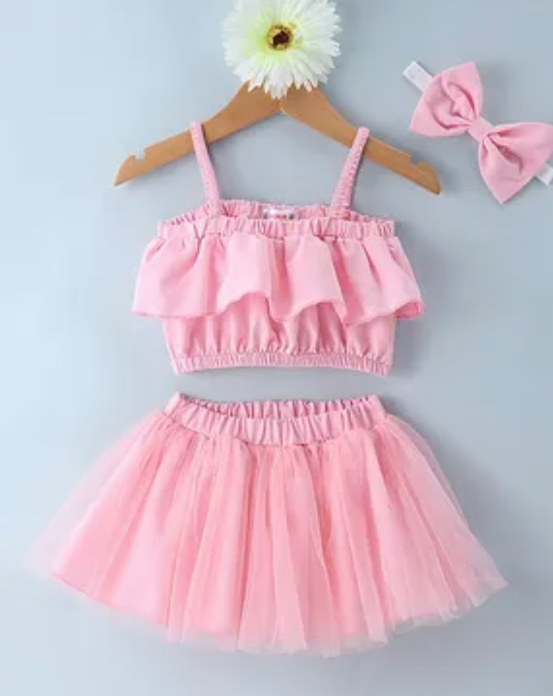 Picture of Kids Singlet Sleeves Top & Skirt With Bow Headband Solid Colour - Pink 0-12