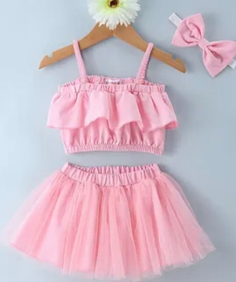 Picture of Kids Singlet Sleeves Top & Skirt With Bow Headband Solid Colour - Pink 0-7